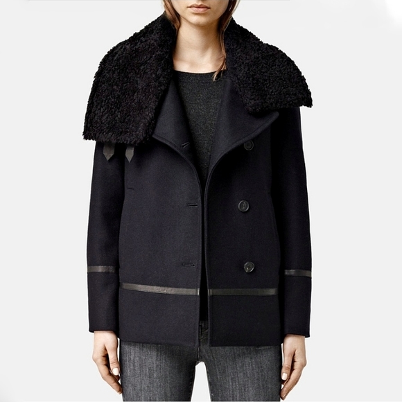 All Saints Okito Minimilist Wool Shearling Collar Pea Lamb Leather Coat - Picture 2 of 11